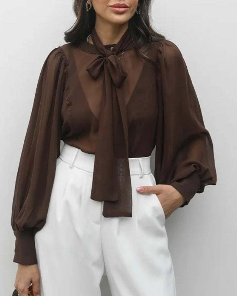 Tie Neck Lantern Sleeve Casual Blouses
