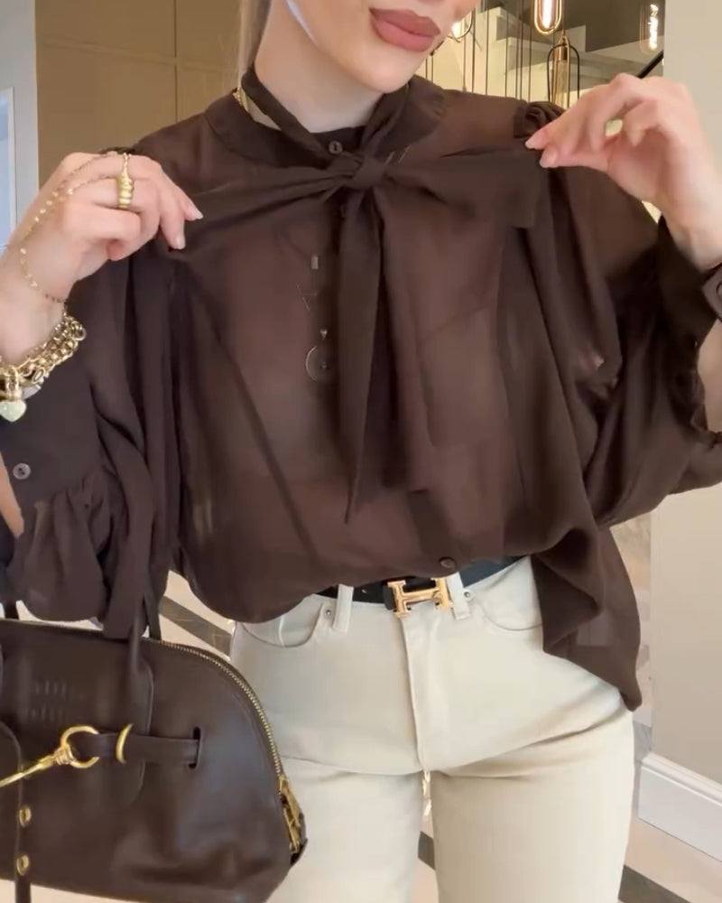 Tie Neck Lantern Sleeve Casual Blouses