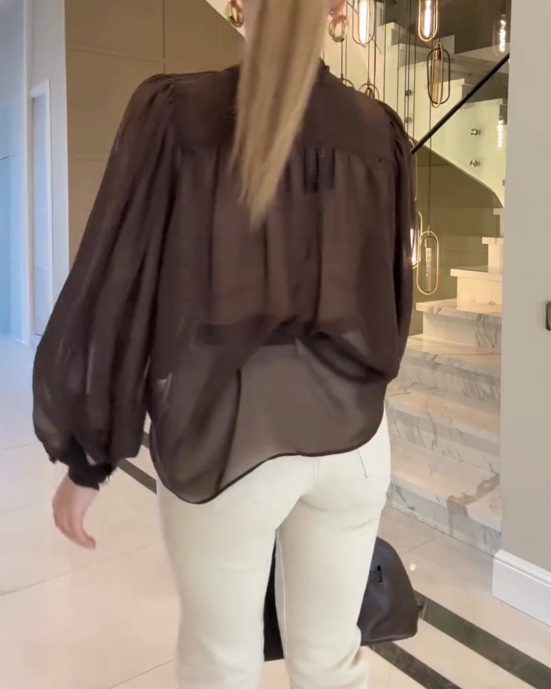 Tie Neck Lantern Sleeve Casual Blouses