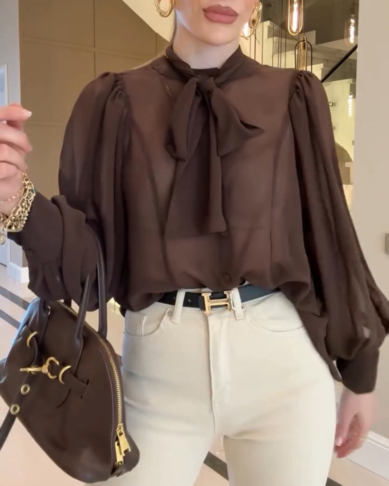 Tie Neck Lantern Sleeve Casual Blouses