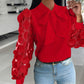 Floral Pattern Long Sleeve Blouse Solid Tie Neck Mesh Patch Shirt Office Work Tops