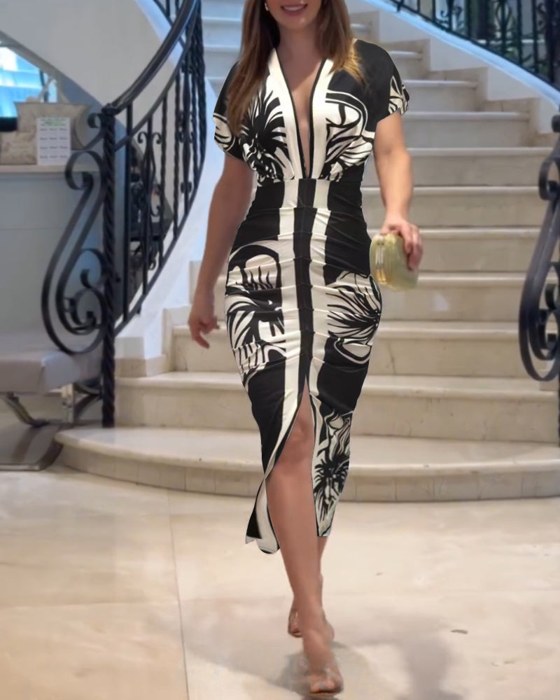 Floral Print V Neck Short Sleeve Ruched Dress Casual Waist Slit Midi Dress