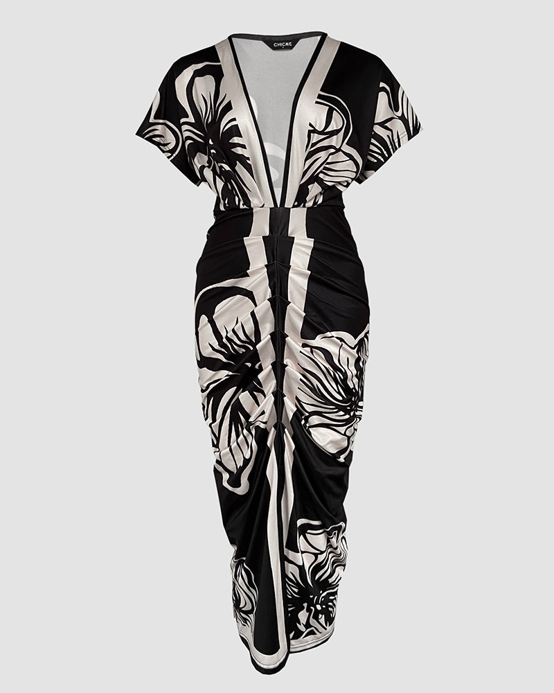 Floral Print V Neck Short Sleeve Ruched Dress Casual Waist Slit Midi Dress