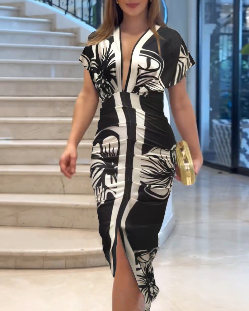 Floral Print V Neck Short Sleeve Ruched Dress Casual Waist Slit Midi Dress