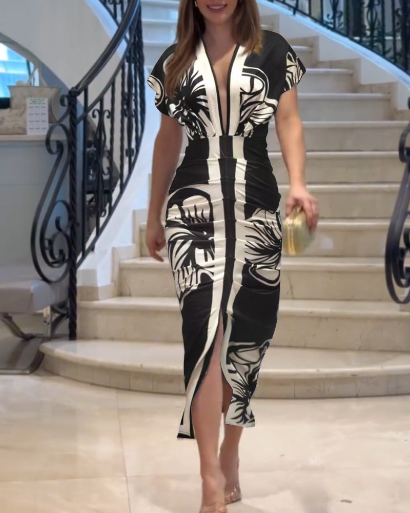 Floral Print V Neck Short Sleeve Ruched Dress Casual Waist Slit Midi Dress