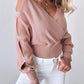 Rhinestone Heart Pattern Knit Sweater V Neck Hollow Out Batwing Sleeve Casual Top
