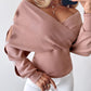 Rhinestone Heart Pattern Knit Sweater V Neck Hollow Out Batwing Sleeve Casual Top