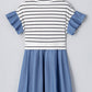 Black Stripe Ruffle Denim Patchwork Round Neck Mini Dress