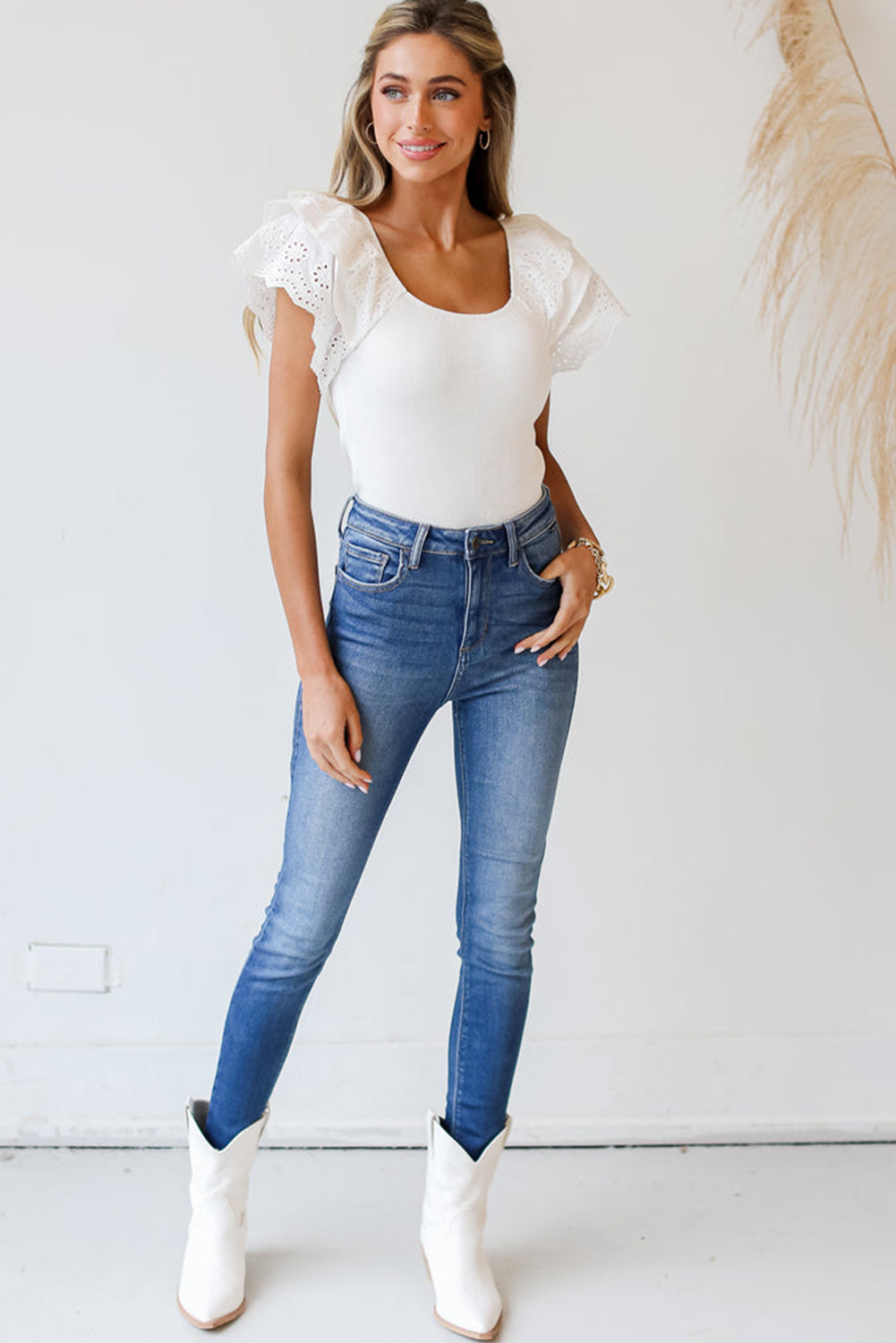 White Eyelet Ruffle Sleeve Slim Fitted Top