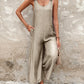 Buttoned Wide Leg Suspender Jumpsuit