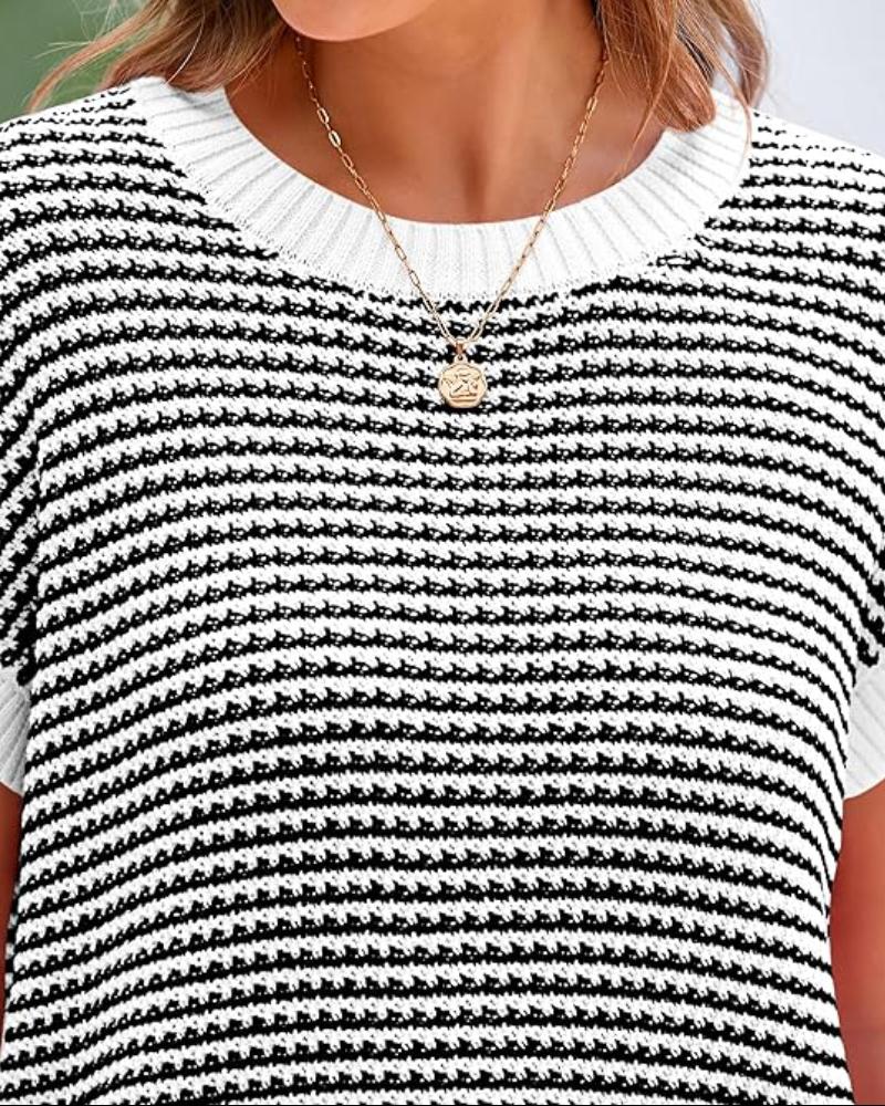 Striped Print Round Neck Cap Sleeve Knit Top Casual Contrast Binding Pullover Sweater Tank