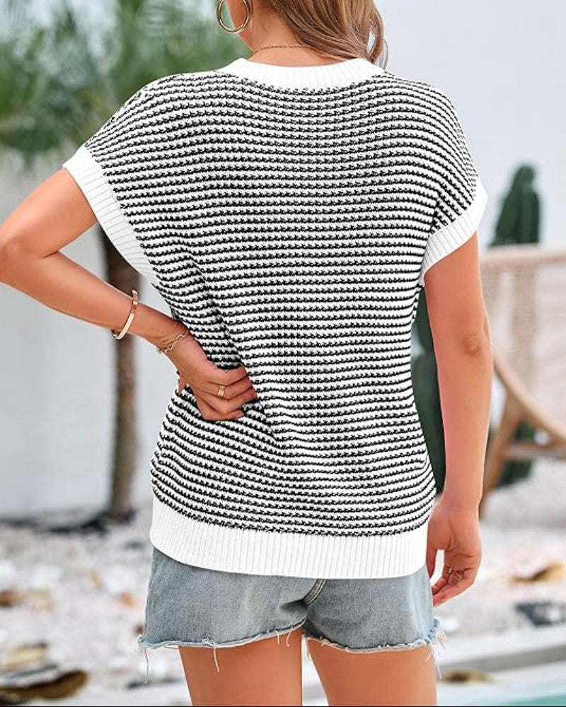 Striped Print Round Neck Cap Sleeve Knit Top Casual Contrast Binding Pullover Sweater Tank