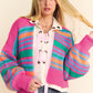 Rose Stripe Colorful Puff Sleeve Drop Shoulder Loose Cardigan