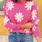 Bright Pink Daisy Flower Crew Neck Long Sleeve Sweater