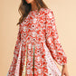 Red Colorful Floral Patchwork Long Sleeve Pleated Mini Dress