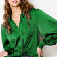 Dark Green Solid Color Flowy Balloon Sleeve Tie Front Buttoned Shirt