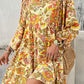 Yellow Cream Floral Print V Neck Puff Sleeve Mini Dress