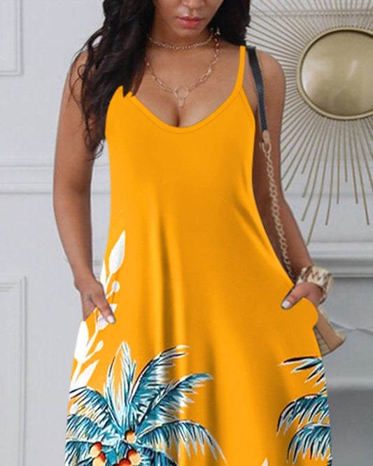 Tropical Print Spaghetti Strap Pocket Design Casual Dress
