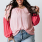 Pink Contrast Floral Patchwork Long Sleeve Plus Size Blouse