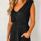 Black Shirred High Waist Sleeveless V Neck Jumpsuit