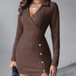 Polo V Neck Long Sleeve Fleece Lined Bodycon Dress Slit Button Decor Ribbed Mini Dress