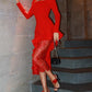 Contrast Lace Square Neck Puff Sleeve Ruffles Hem Waist Cinch Maxi bodycon Elegant Dress