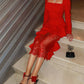 Contrast Lace Square Neck Puff Sleeve Ruffles Hem Waist Cinch Maxi bodycon Elegant Dress