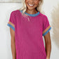 Bright Pink Textured Contrast Trim Round Neck T Shirt