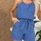 2 Piece Round Neck Sleeveless Top Tied Detail Above Knee Pants Casual Pants Set