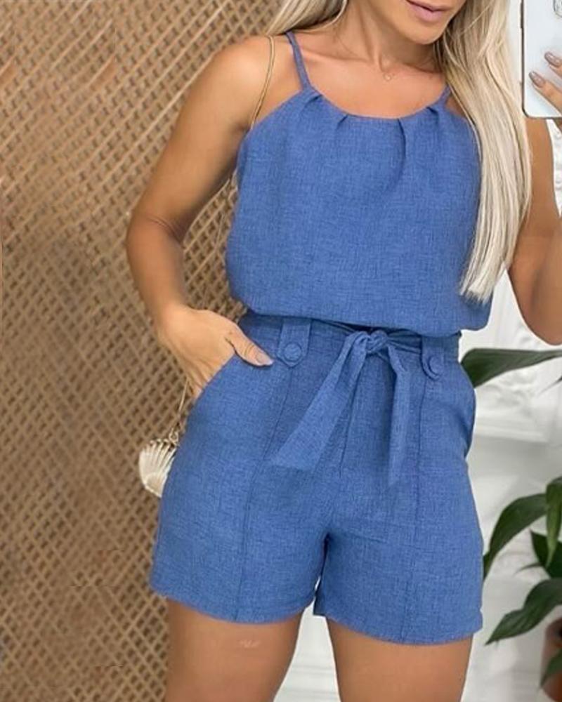 2 Piece Round Neck Sleeveless Top Tied Detail Above Knee Pants Casual Pants Set