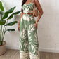 2 Pieces Outfit Plants Print V Neck Lace Up Shirred Top and Casual Strechy Waist Pants Set with Pockets
