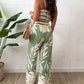 2 Pieces Outfit Plants Print V Neck Lace Up Shirred Top and Casual Strechy Waist Pants Set with Pockets