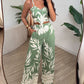 2 Pieces Outfit Plants Print V Neck Lace Up Shirred Top and Casual Strechy Waist Pants Set with Pockets