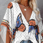 Butterfly Geometric Print Button Front Batwing Sleeve Top