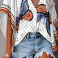 Butterfly Geometric Print Button Front Batwing Sleeve Top