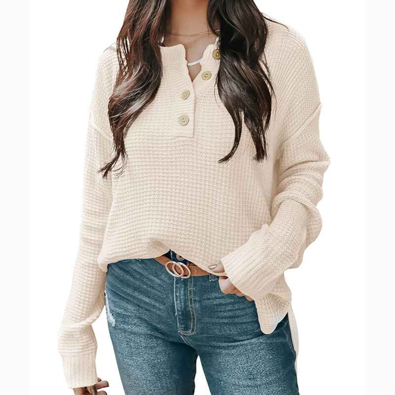 Apricot-Womens-Waffle-Knit-V-Neck-Sweater-Casual-Long-Sleeve-Side-Slit-Button-Henley-Pullover-Jumper-Top-K415-Front