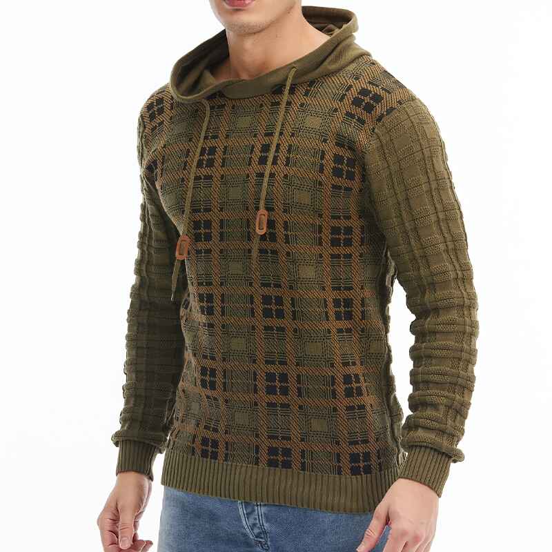 Army-Green-Mens-Slim-Checkered-Long-Sleeve-Hooded-Sweater-With-Drawstring-Best-Sellers-G093-Front
