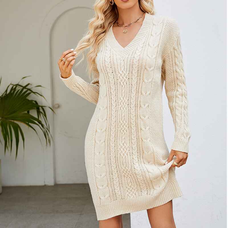 Beige-Women-Sweater-Dress-V-Neck-Long-Sleeve-Oversized-Knitted-Winter-Dresses-K574-Front