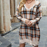 Beige-Womens-Knitted-Dress-Winter-V-Neck-Plaid-Long-Knitted-Dress-K579-Front