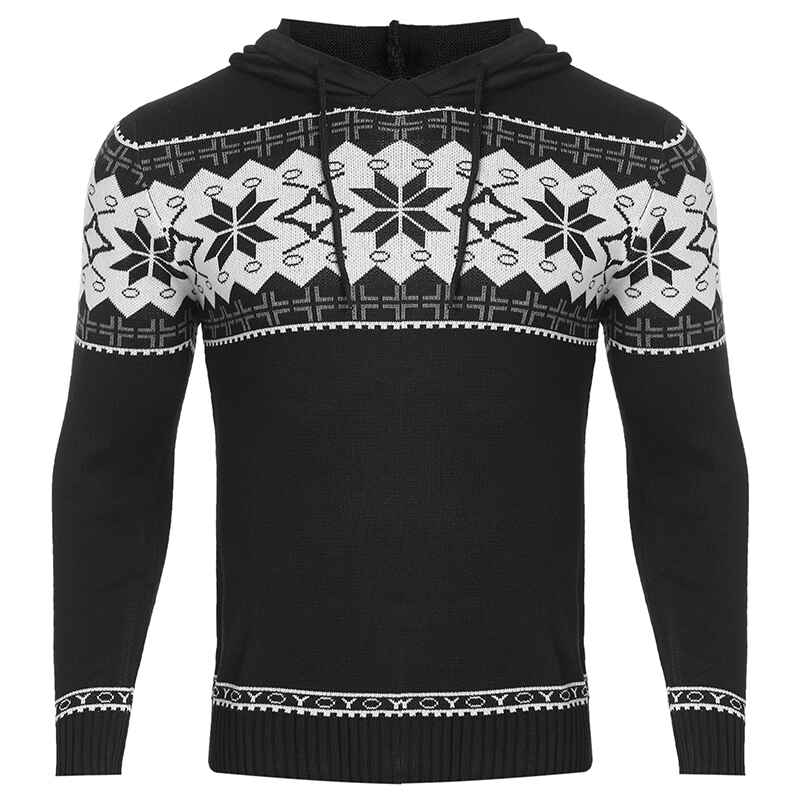     Black-Mens-Casual-Hooded-Knitted-Slim-Fit-Long-Sleeves-Drawstrings-Pullovers-Geometric-pattern-Sweaters-G092-Front