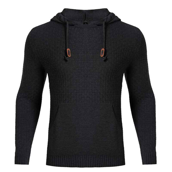 Black-Mens-Casual-Slightly-Stretch-Cotton-Blend-Drawstring-Pullover-Kangaroo-Pocket-Hooded-Knitted-Sweater-G095-Front