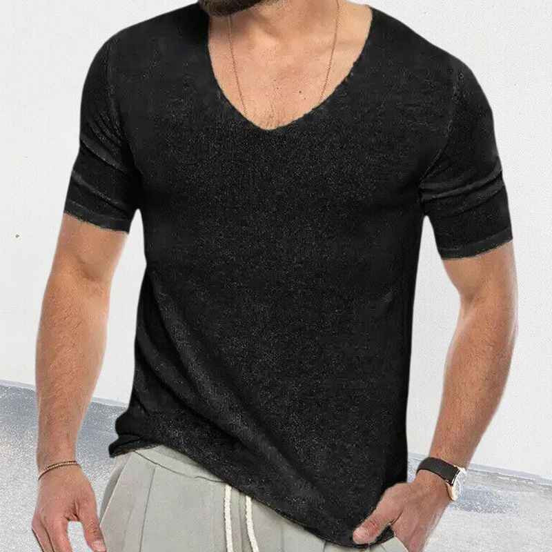     Black-Mens-Summer-Short-Sleeve-Knitwear-Solid-Color-Slim-Fit-T-Shirt-Top-G087