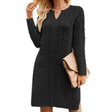 Black-Women-Casual-V-Neck-Knitted-Sweater-Dress-Long-Sleeve-Loose-Solid-Color-Hem-Slit-Sweater-Dresses-K577-Front