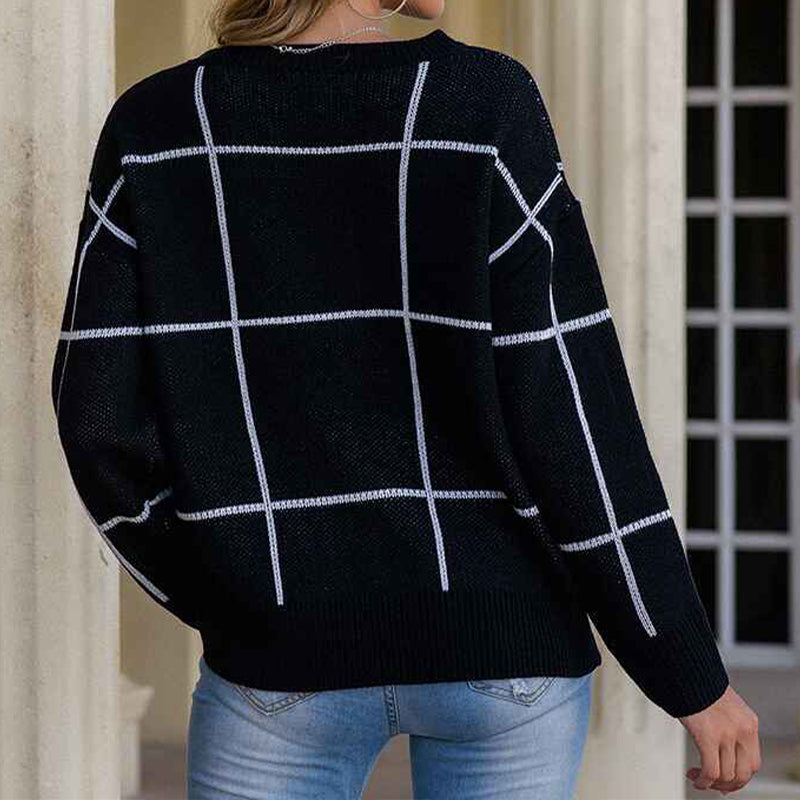 Black-Womens-Casual-Checkerboard-Plaid-Cropped-Sweater-Crew-Neck-Long-Sleeve-Color-Block-Knit-Pullover-K355-Back