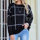 Black-Womens-Casual-Checkerboard-Plaid-Cropped-Sweater-Crew-Neck-Long-Sleeve-Color-Block-Knit-Pullover-K355-Front