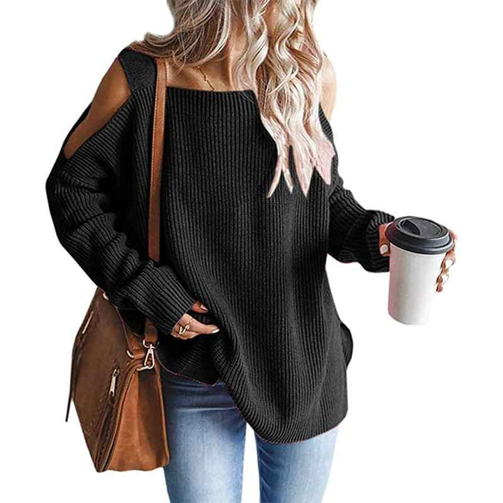     Black-Womens-Cold-Shoulder-Oversized-Sweaters-Batwing-Long-Sleeve-Square-Neck-Chunky-Knit-Fall-Tunic-Sweater-Tops-K622