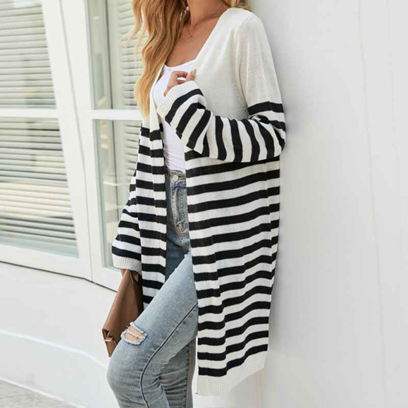 Black-Womens-Color-Block-Striped-Draped-Cardigan-Long-Sleeve-Casual-Knit-Sweaters-Coat-Soft-Outwear-K597-Side