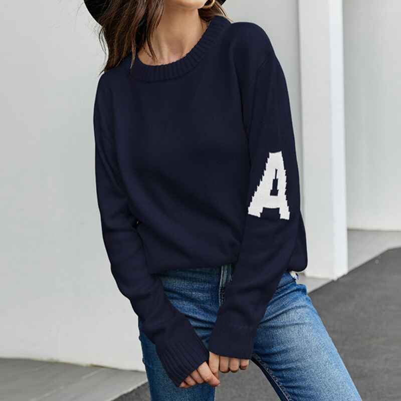 Dark-Blue-Womens-Crew-Neck-Sweaters-Long-Sleeve-Pullover-Knitted-Casual-Comfy-Jumper-Tops-K581-Side
