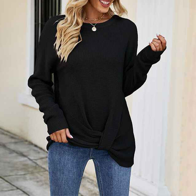 Black-Womens-Long-Sleeve-Oversized-Crew-Neck-Solid- Color-Knit-Pullover-Sweater-Tops-K493