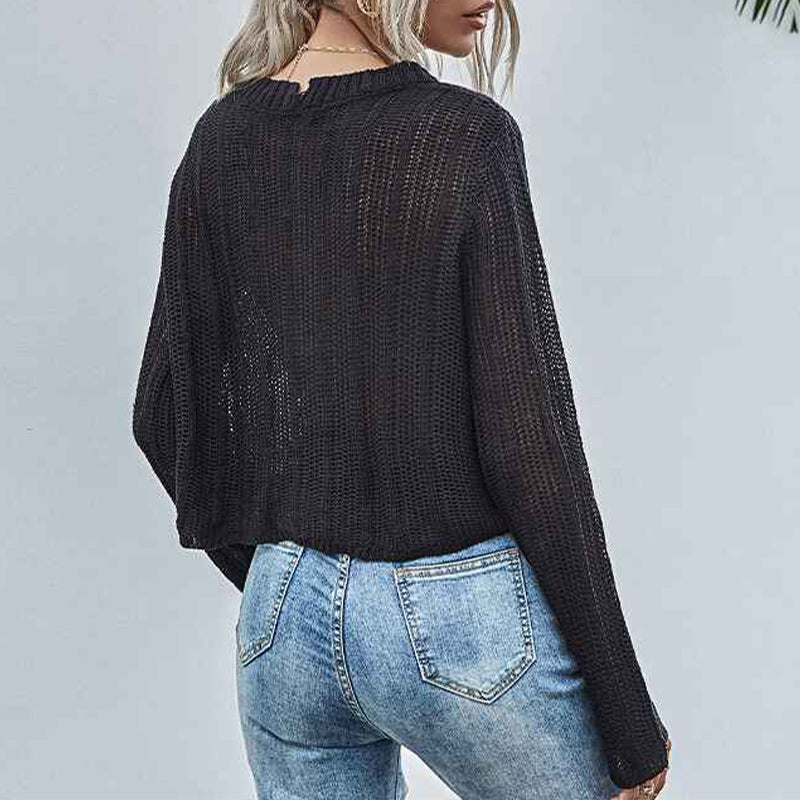 Black-Womens-Long-Sleeve-Oversized-Pullover-Sweaters-See-Through-Crochet-Crop-Tops-K353-Back